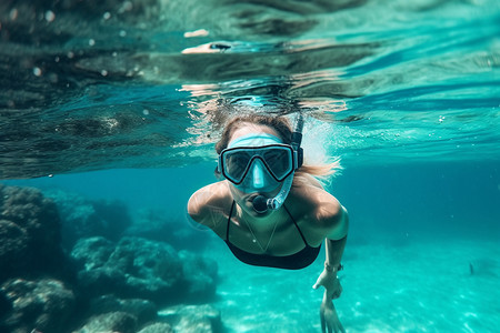 在冲绳浮潜点外国女人在海水中潜水背景