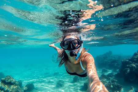 在冲绳浮潜点年轻的女人在海中浮潜背景