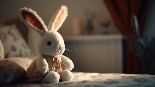 床上的毛绒兔子图片