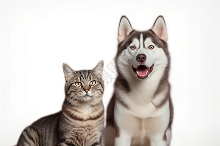 西伯利亚哈士奇狗和虎斑猫高清图片