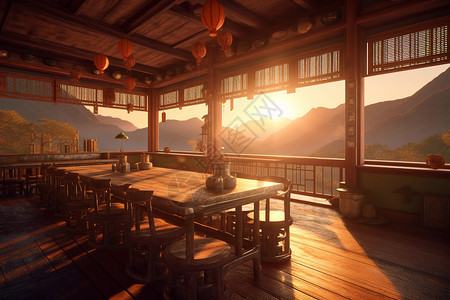 夕阳高山景区的茶馆设计图片
