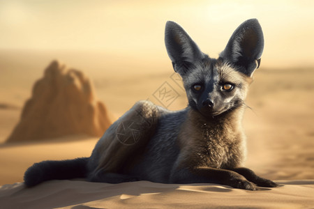 狐耳蝙蝠耳狐坐在沙子上背景