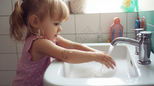 浴室 儿童在洗手的小女孩背景