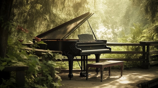 树林中的三角钢琴背景图片