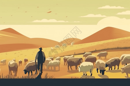 内蒙大草原的牛草地上放牧的羊插画