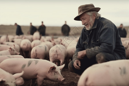 猪农场农民喂一群猪设计图片