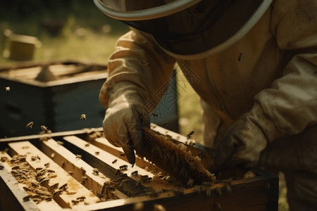 从蜂巢中收获蜂蜜高清图片
