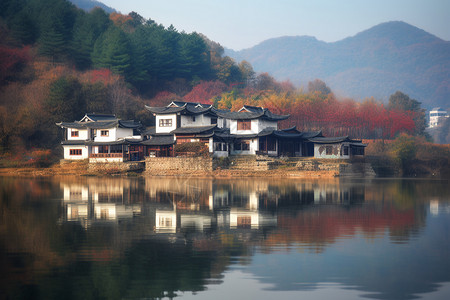 农村湖边建筑图片