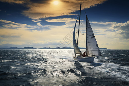 日出大海上的帆船背景图片