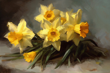 黄色水仙花的油画插图背景图片