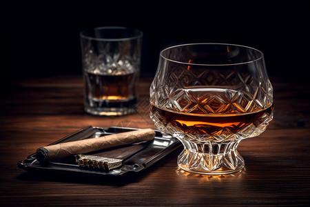 威士忌雪茄木桌上的威士忌和雪茄背景