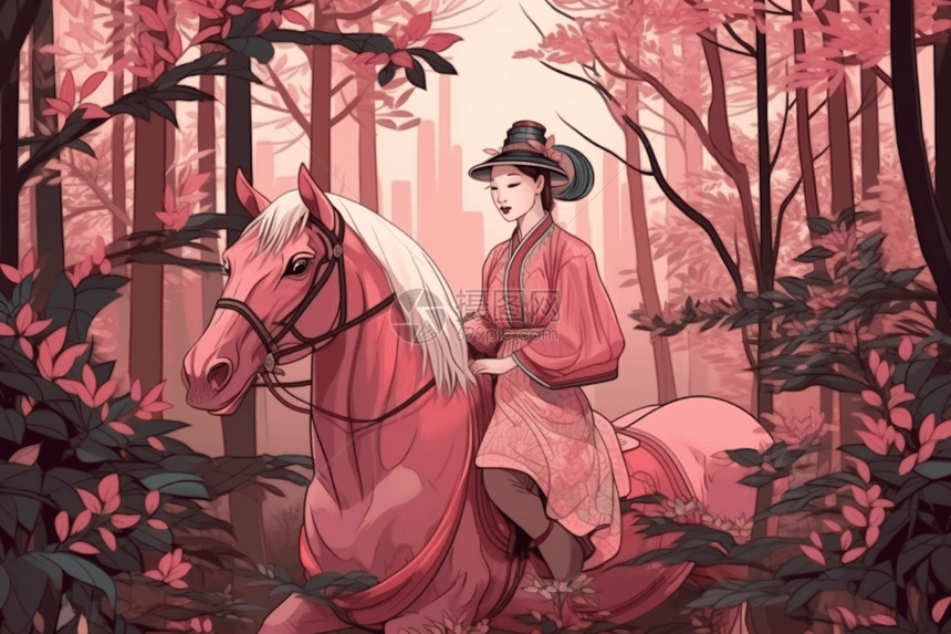 树林里骑马的女士图片