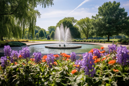 鲜花梦幻素材公园里梦幻般的喷水池和鲜花背景