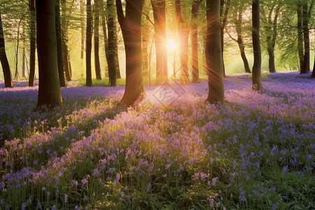 太阳射线开满鲜花的森林公园背景