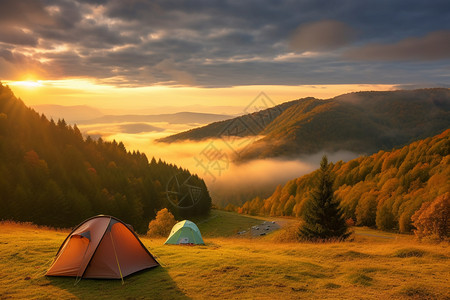 秋天美丽的山顶露营搭帐篷休闲高清图片素材