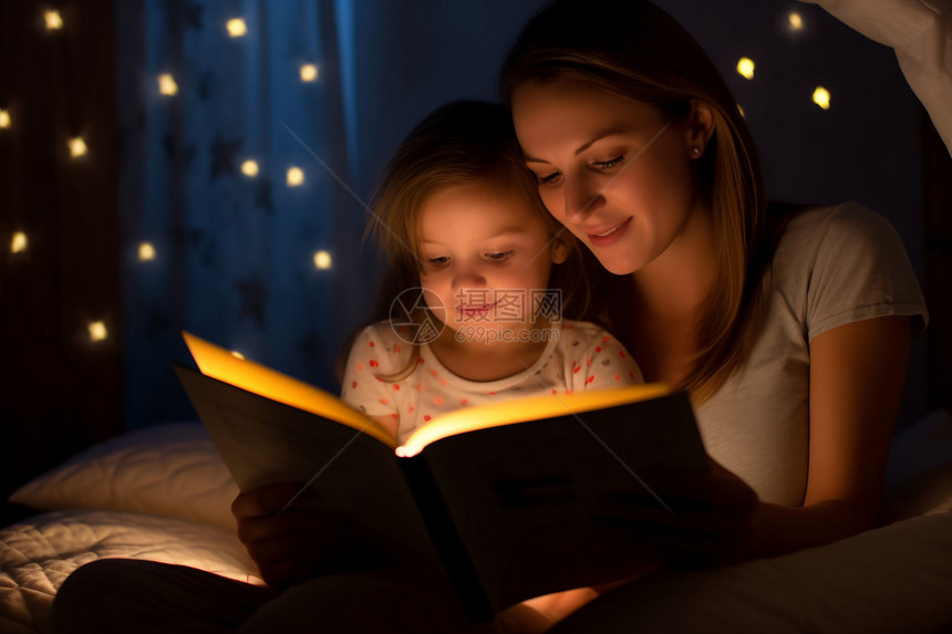 睡前妈妈陪着女儿在夜读绘本图片