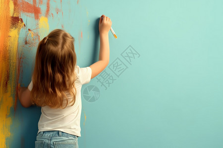 小女孩在墙上画画背景