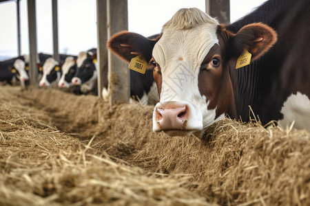 农场饲养的奶牛稻草高清图片素材