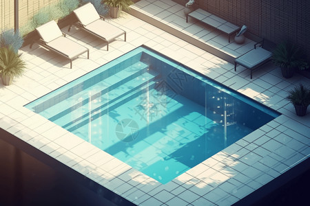 阳台休息区时尚设计的游泳池插画