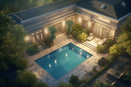 豪宅夜景豪华游泳池背景设计图片