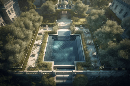 豪宅花园建筑中央的游泳池设计图片