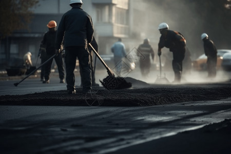 道路工人平整公路沥青的工人设计图片