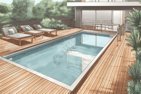 阳台休息区带甲板区的游泳池插画