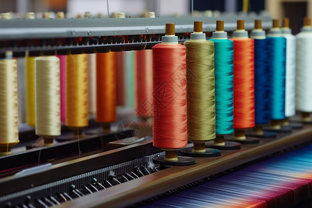 机器上的彩色纱线正在工作纺织机高清图片素材