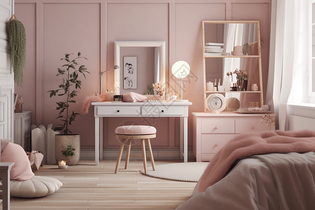 带梳妆台的粉红色小卧室家具背景图片