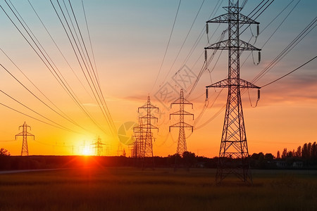 夕阳下田野上的高压输电塔背景图片