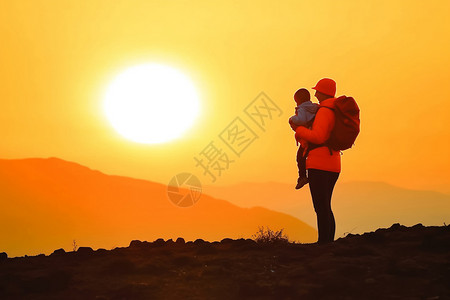 母亲带孩子爬山看日落图片