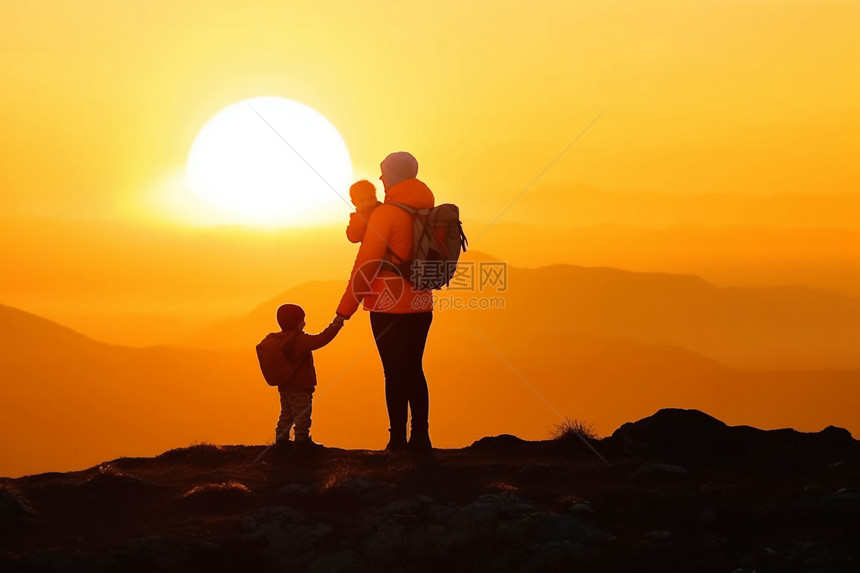 母亲带着孩子们在山顶看日落图片