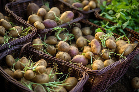 发芽马铃薯菜篮子里装满了发芽的土豆背景