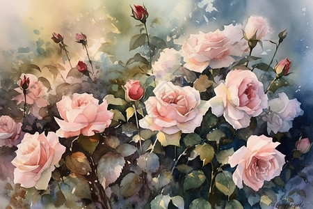 玫瑰园的水彩画鲜花高清图片素材