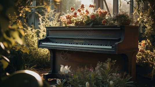 古典钢琴花园中的钢琴设计图片