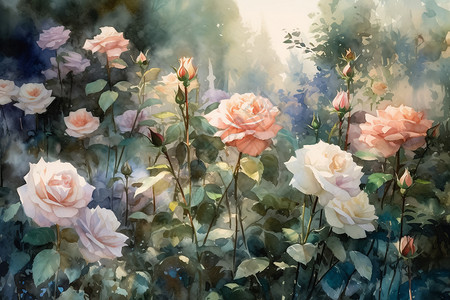 淡粉色的美丽玫瑰水彩画高清图片素材
