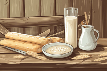 一杯豆浆木桌上的一盘面团棒和豆浆插画