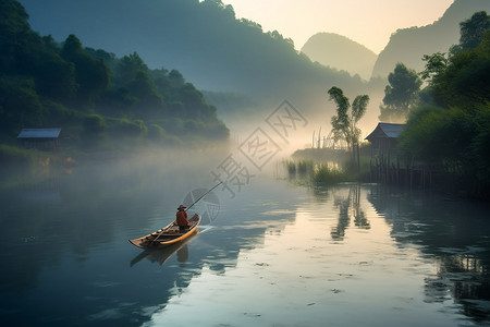 划船的小女孩儿山间的梦幻景色背景