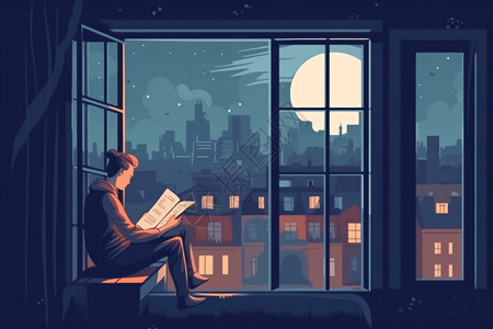 坐在窗边的人一个人坐在窗台上看书插画
