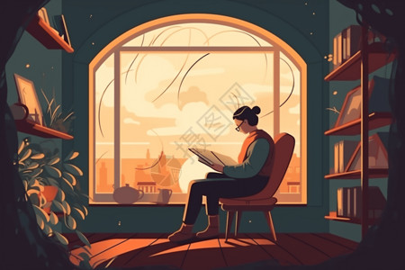 坐在窗边的人夜晚看书的人插画