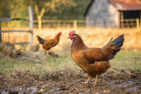 农场的野鸡野鸡用干草筑巢高清图片