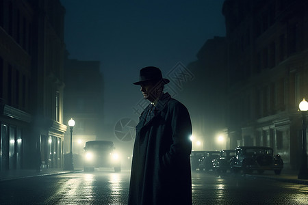 男人走在迷雾笼罩的城市街道上图片