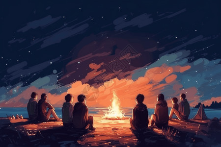 孩子在海滩上点篝火背景图片