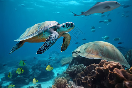 海洋海豚素材珊瑚礁和海龟背景