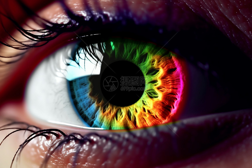 眼睛里彩虹色的虹膜图片