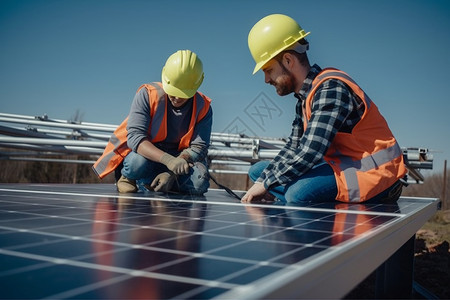 工人安装太阳能电池板背景图片