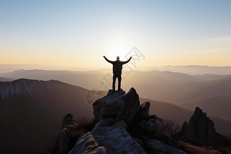 山顶上的人伸手沐浴阳光背景图片