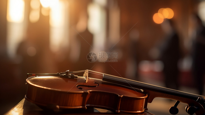 音乐厅桌子上的小提琴图片