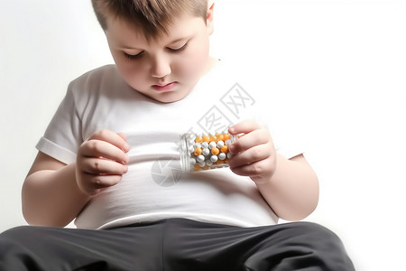 塑料药瓶拿着药瓶的肥胖男孩背景