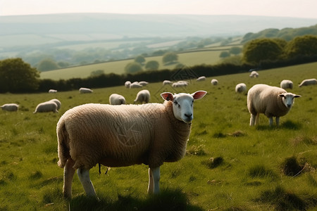牧场草原上的绵羊放牧高清图片素材